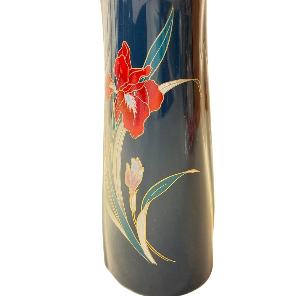 Vintage Japanese Cobalt Blue‎ Floral Iris Porcelain Vase Gold Gilt Mid Century